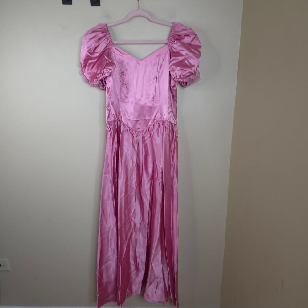 Vintage JC Penny 1980s Puff Sleeve Sateen Lace Midi Dress with Bow in Pink 18W